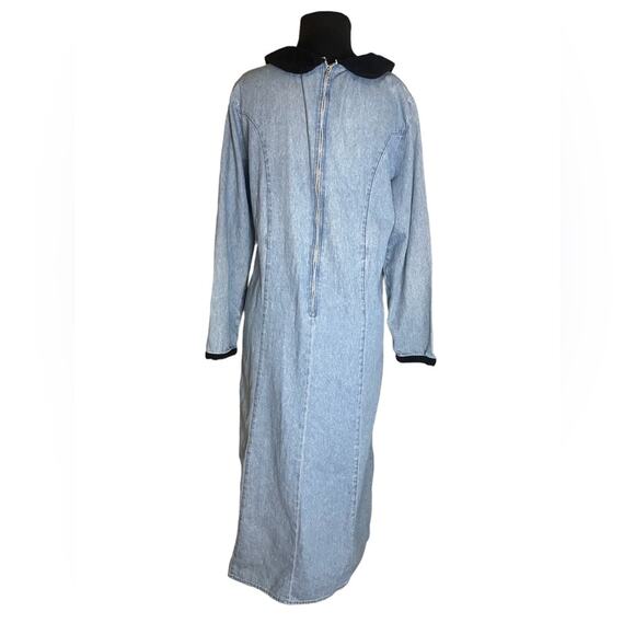 Vtg 90s Denim Velvet Collar Pleated Midi Ankle Dress Size 14P Boho Feminine - Picture 4 of 7